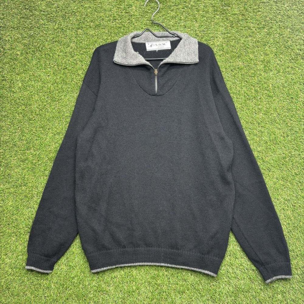 Vintage LAM Sweater Mens 3XL Wool 1/4 Zip Up Black Heavy Knit Dress Preppy 90s